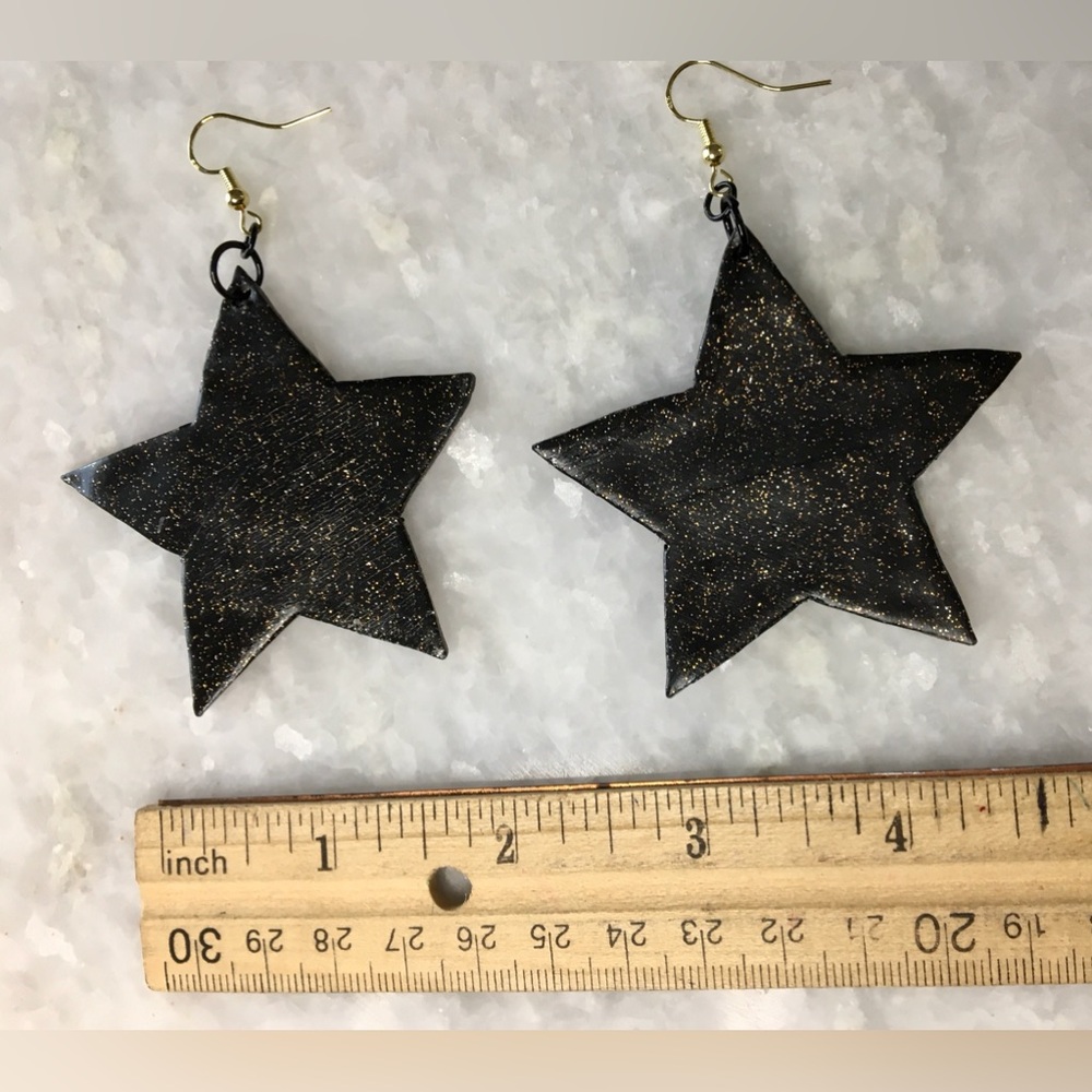 Large Black Stars with gold glitter accents handcrafted statement earrings β¨βοΈπ€ - Picture 3 of 13
